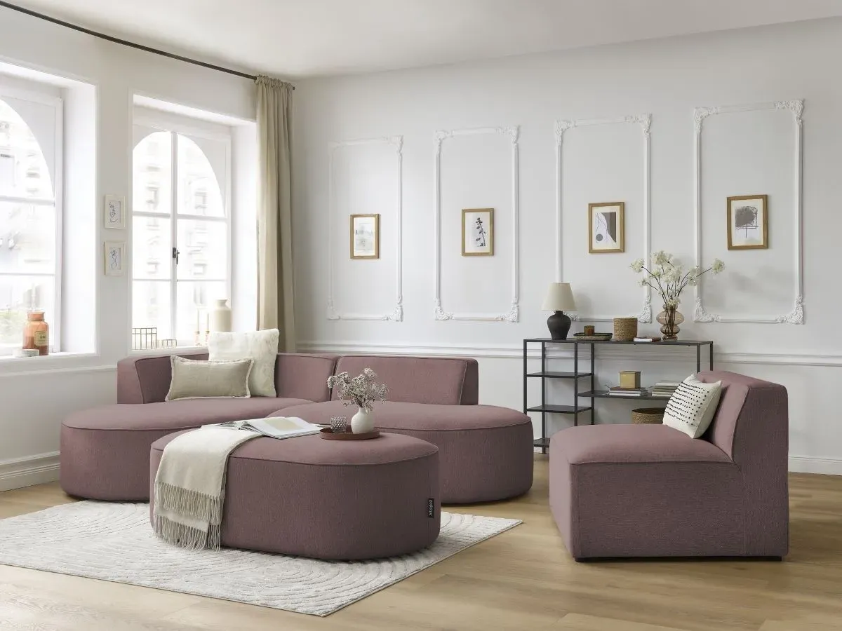 Canapé d'angle fixe modulable ROUSSEAU tissu chiné avec 1 chauffeuse et 1 pouf rose  angle gauche BOBOCHIC 6 places