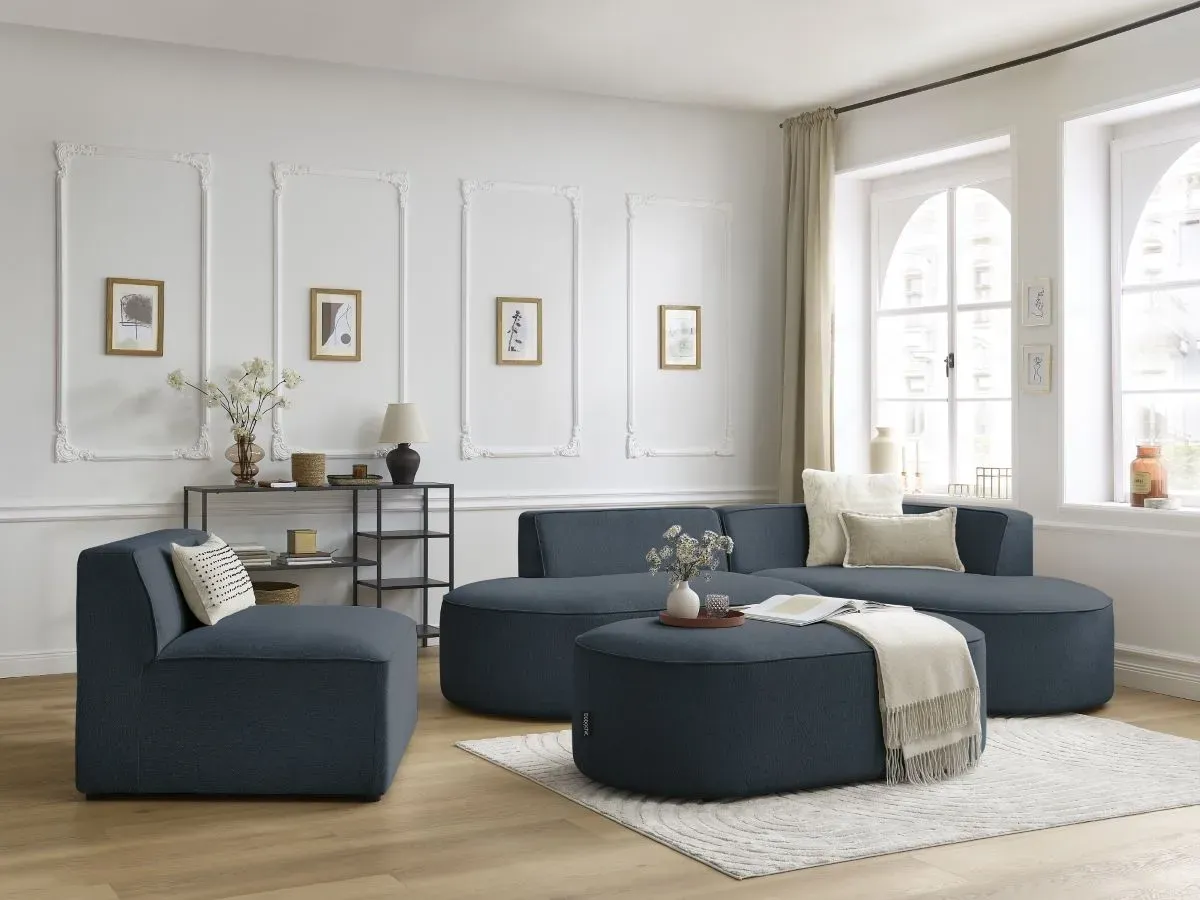 Canapé d'angle fixe modulable ROUSSEAU tissu chiné avec 1 chauffeuse et 1 pouf bleu foncé  angle droit BOBOCHIC 6 places