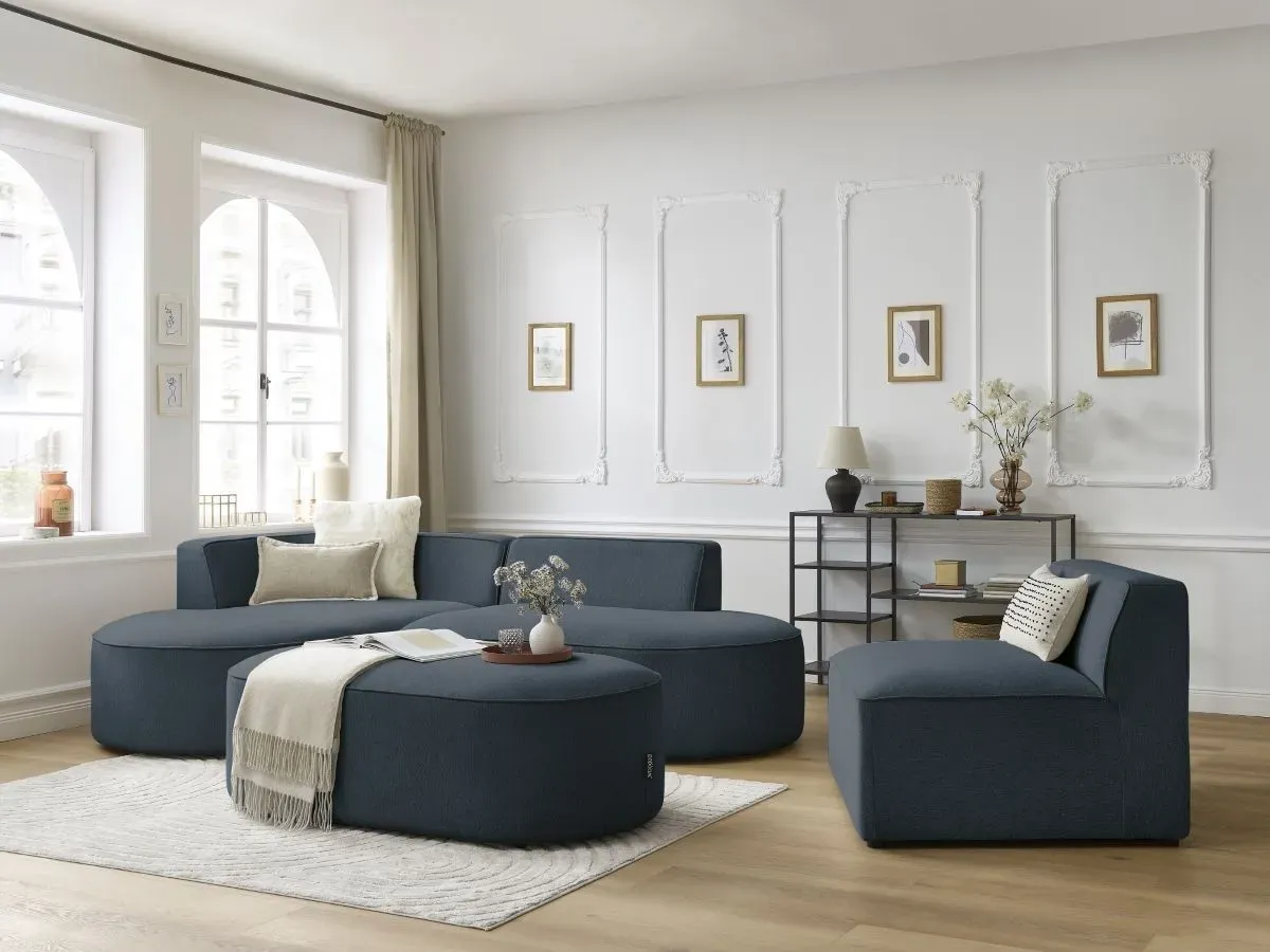 Canapé d'angle fixe modulable ROUSSEAU tissu chiné avec 1 chauffeuse et 1 pouf bleu foncé  angle gauche BOBOCHIC 6 places