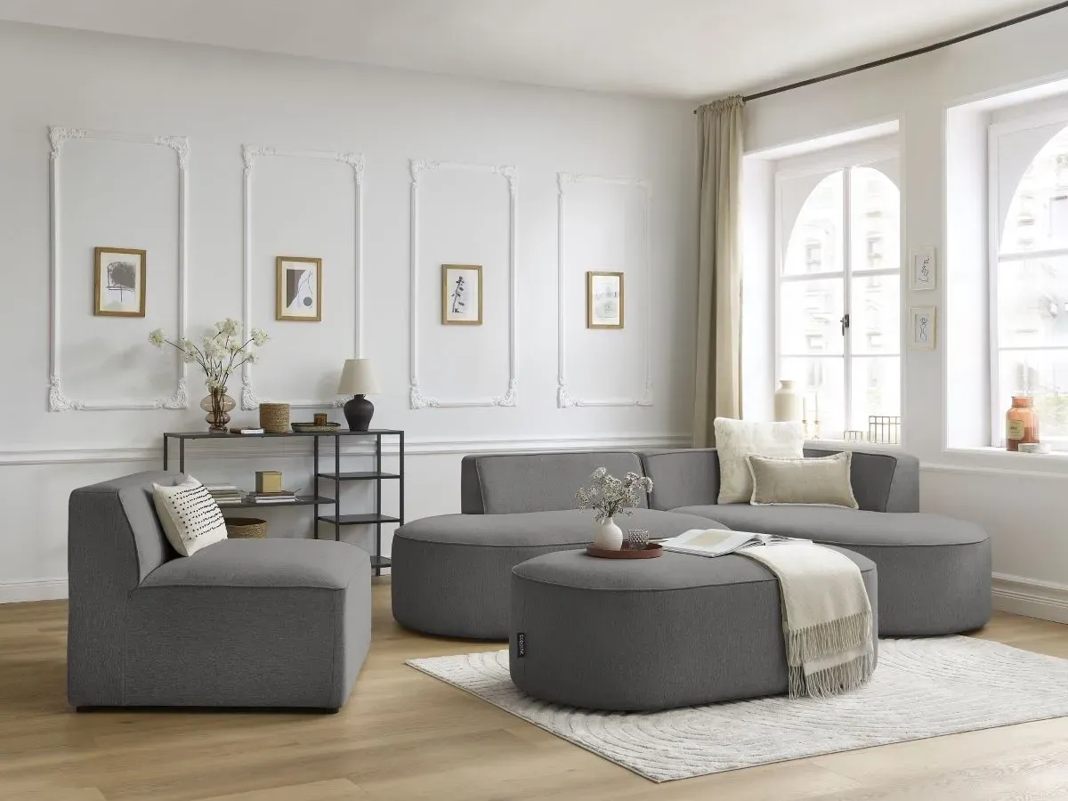 Canapé d'angle fixe modulable ROUSSEAU tissu chiné avec 1 chauffeuse et 1 pouf gris foncé  angle droit BOBOCHIC 6 places