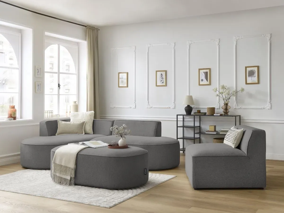 Canapé d'angle fixe modulable ROUSSEAU tissu chiné avec 1 chauffeuse et 1 pouf gris foncé  angle gauche BOBOCHIC 6 places