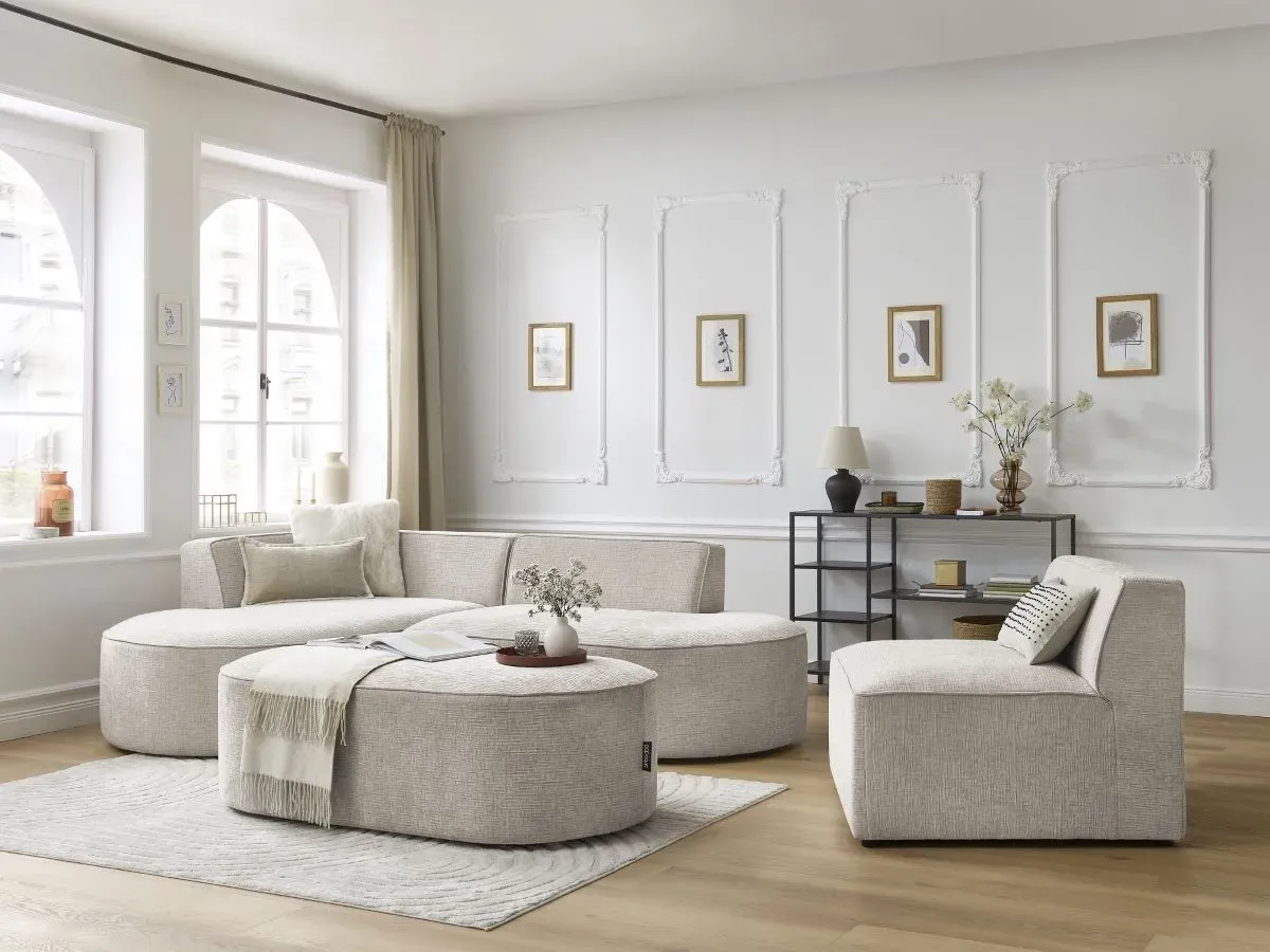 Canapé d'angle fixe modulable ROUSSEAU tissu texturé avec 1 chauffeuse et 1 pouf beige  angle gauche BOBOCHIC 6 places