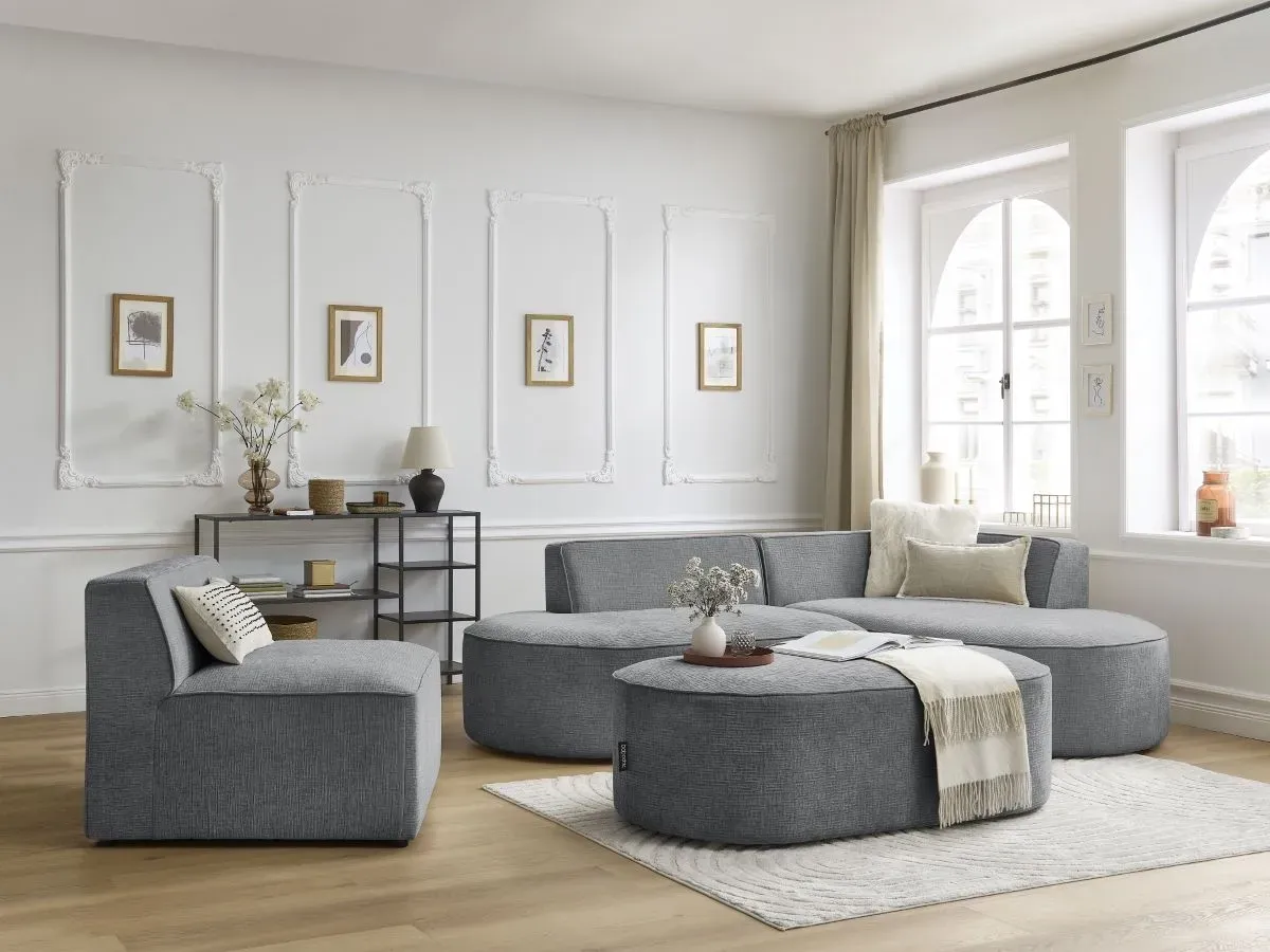 Canapé d'angle fixe modulable ROUSSEAU tissu texturé avec 1 chauffeuse et 1 pouf gris foncé  angle droit BOBOCHIC 6 places