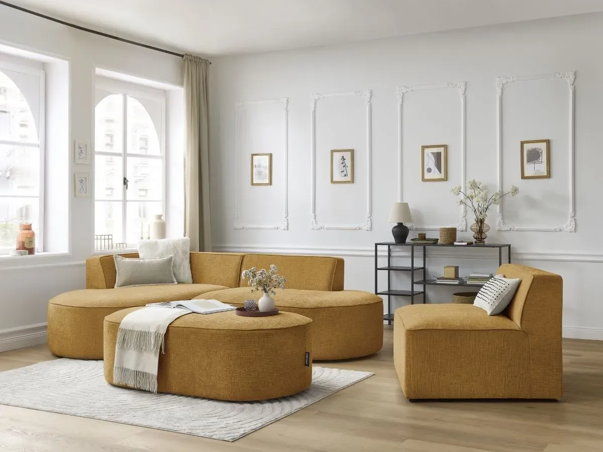 Canapé d'angle fixe modulable ROUSSEAU tissu texturé avec 1 chauffeuse et 1 pouf jaune  angle gauche BOBOCHIC 6 places