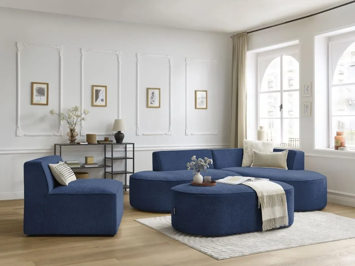 Canapé d'angle fixe modulable ROUSSEAU tissu texturé avec 1 chauffeuse et 1 pouf bleu foncé  angle droit BOBOCHIC 6 places