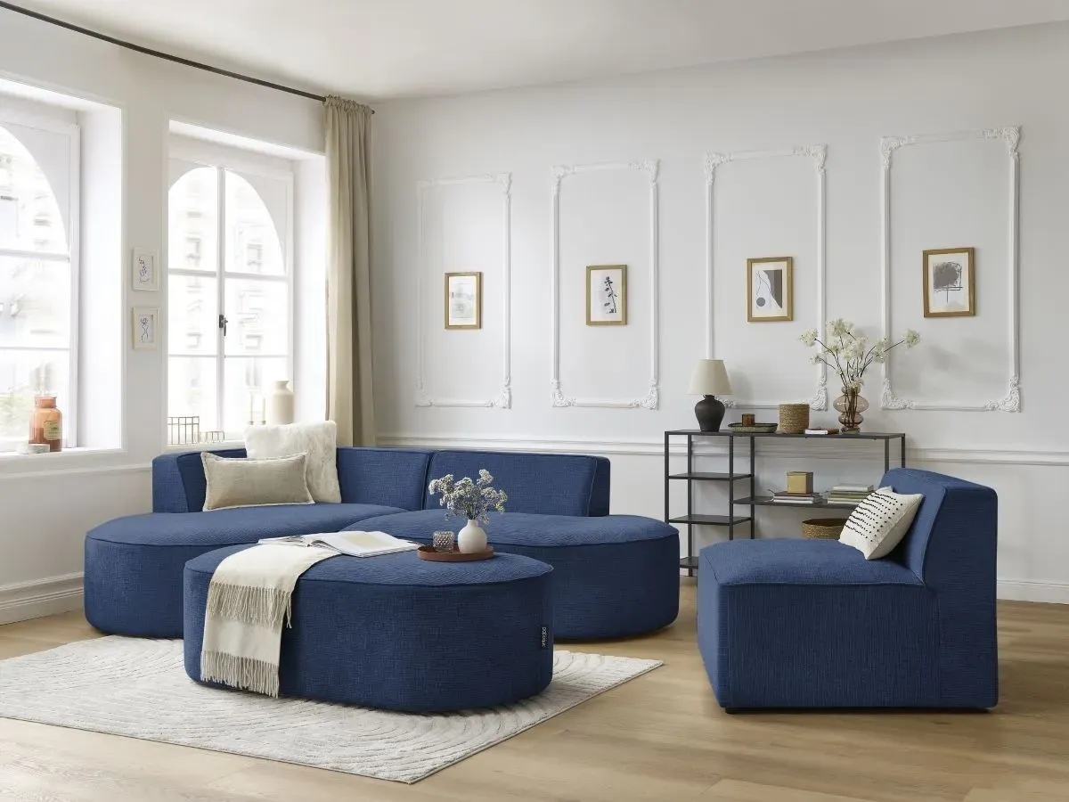 Canapé d'angle fixe modulable ROUSSEAU tissu texturé avec 1 chauffeuse et 1 pouf bleu foncé  angle gauche BOBOCHIC 6 places