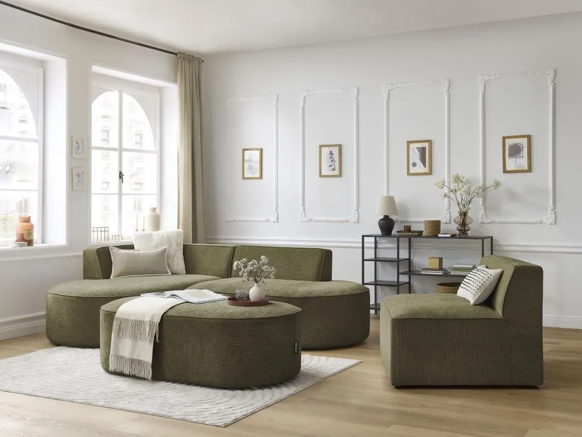 Canapé d'angle fixe modulable ROUSSEAU tissu texturé avec 1 chauffeuse et 1 pouf vert  angle gauche BOBOCHIC 6 places