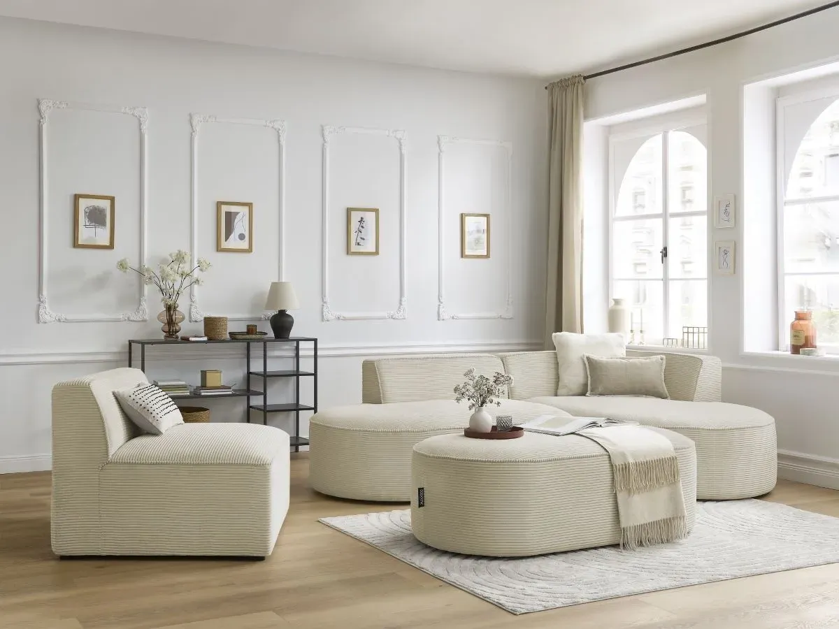 Canapé d'angle fixe modulable ROUSSEAU velours côtelé avec 1 chauffeuse et 1 pouf beige  angle droit BOBOCHIC 6 places