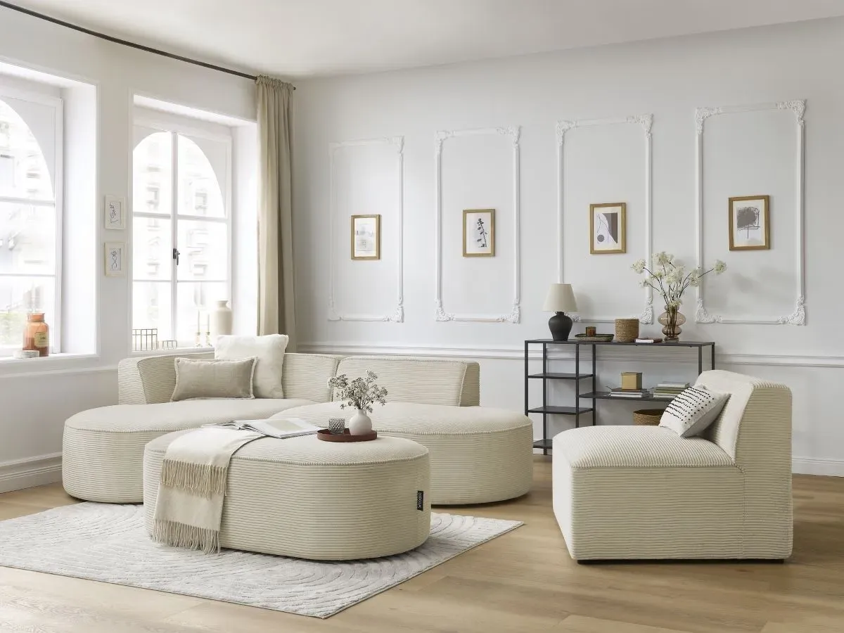 Canapé d'angle fixe modulable ROUSSEAU velours côtelé avec 1 chauffeuse et 1 pouf beige  angle gauche BOBOCHIC 6 places