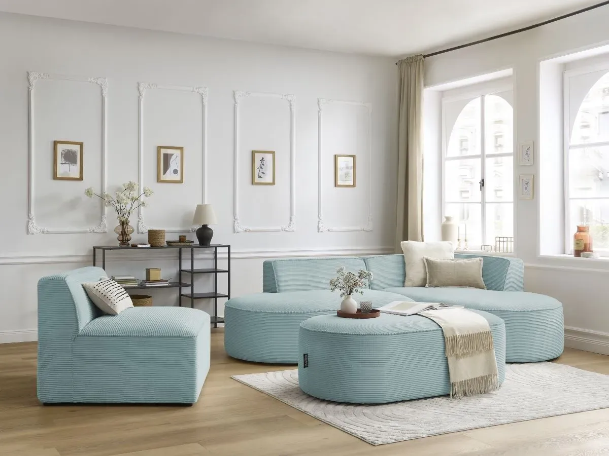 Canapé d'angle fixe modulable ROUSSEAU velours côtelé avec 1 chauffeuse et 1 pouf bleu clair  angle droit BOBOCHIC 6 places