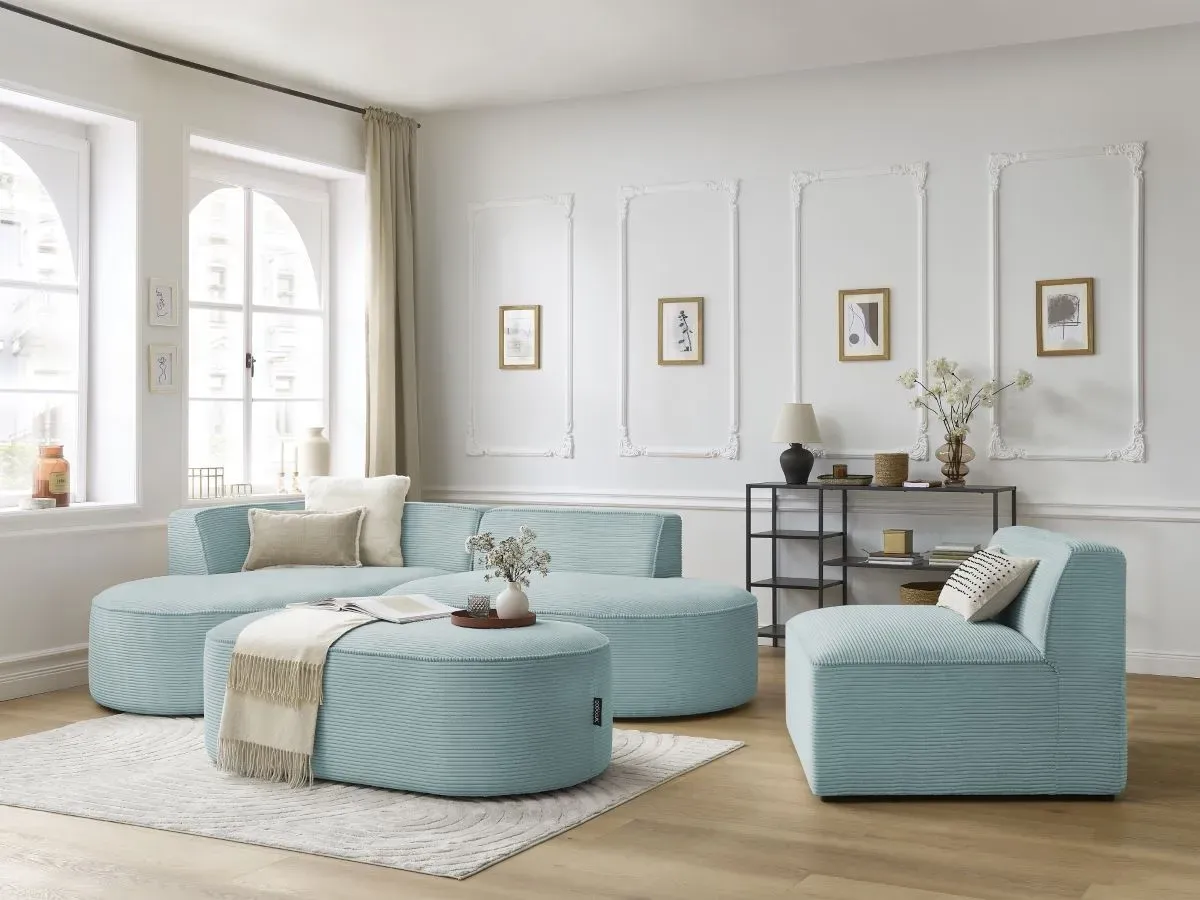 Canapé d'angle fixe modulable ROUSSEAU velours côtelé avec 1 chauffeuse et 1 pouf bleu clair  angle gauche BOBOCHIC 6 places