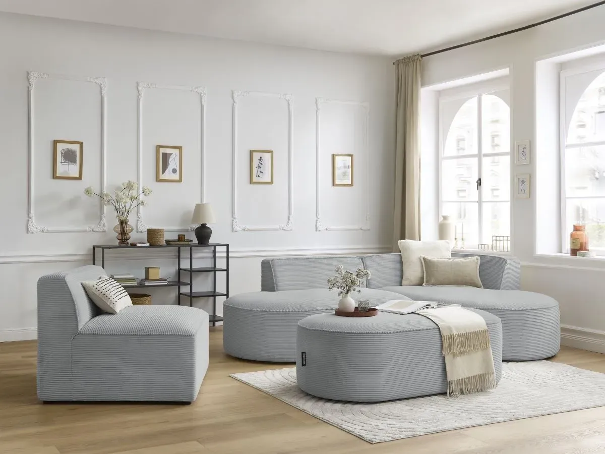 Canapé d'angle fixe modulable ROUSSEAU velours côtelé avec 1 chauffeuse et 1 pouf gris clair  angle droit BOBOCHIC 6 places