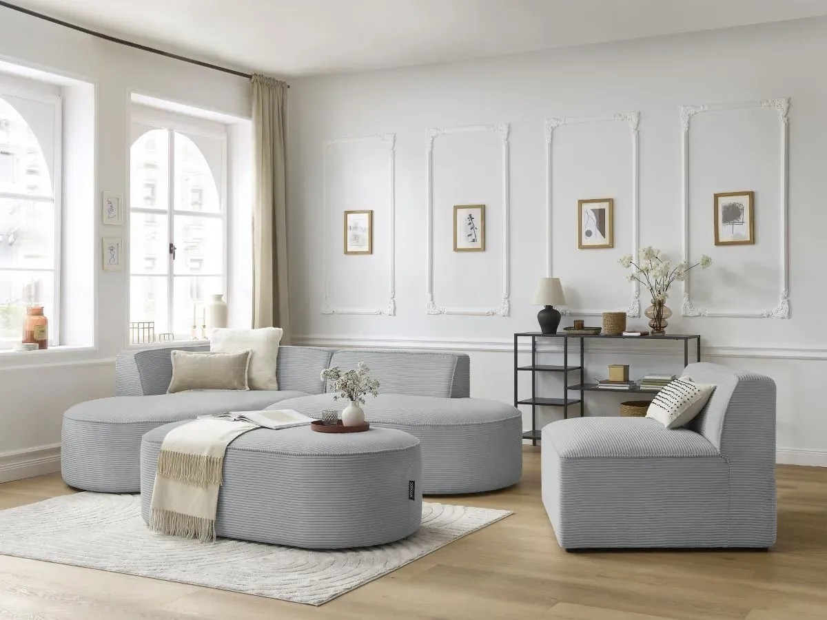 Canapé d'angle fixe modulable ROUSSEAU velours côtelé avec 1 chauffeuse et 1 pouf gris clair  angle gauche BOBOCHIC 6 places