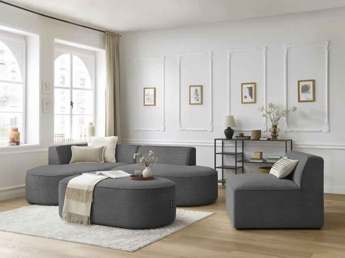 Canapé d'angle fixe modulable ROUSSEAU velours côtelé avec 1 chauffeuse et 1 pouf gris foncé  angle gauche BOBOCHIC 6 places