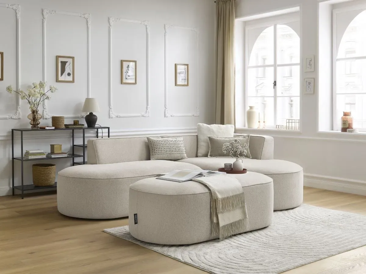 Canapé d'angle fixe ROUSSEAU tissu chiné avec pouf beige  angle droit BOBOCHIC 5 places