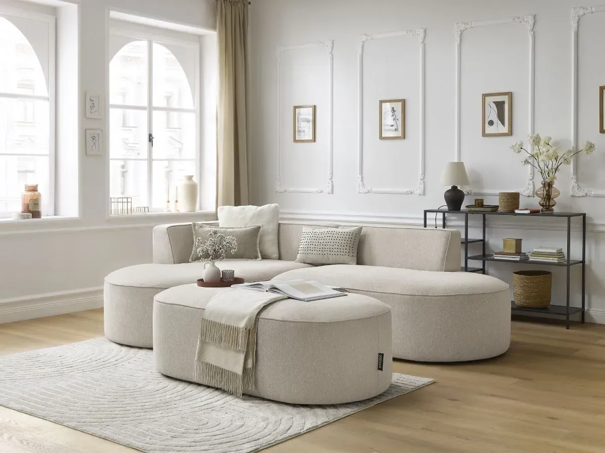 Canapé d'angle fixe ROUSSEAU tissu chiné avec pouf beige  angle gauche BOBOCHIC 5 places