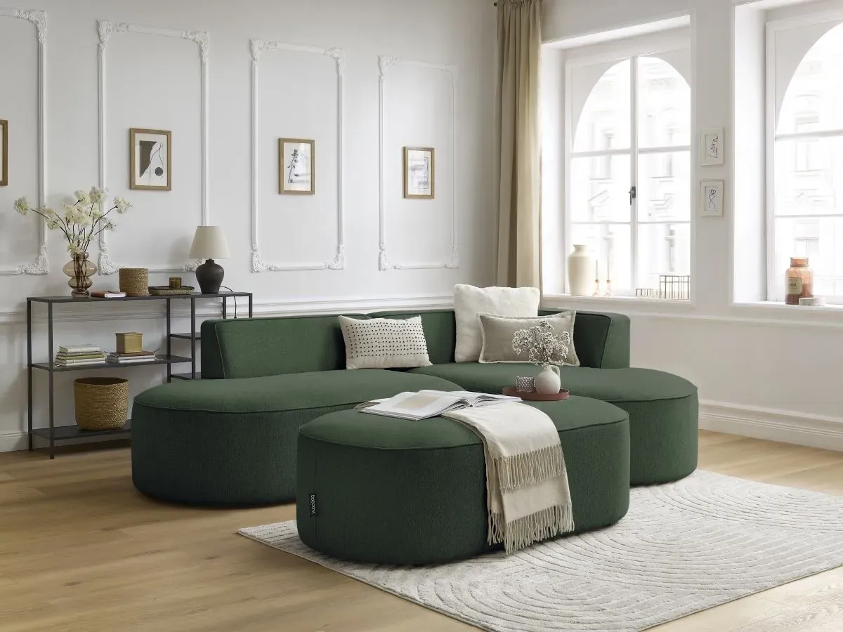Canapé d'angle fixe ROUSSEAU tissu chiné avec pouf vert  angle droit BOBOCHIC 5 places