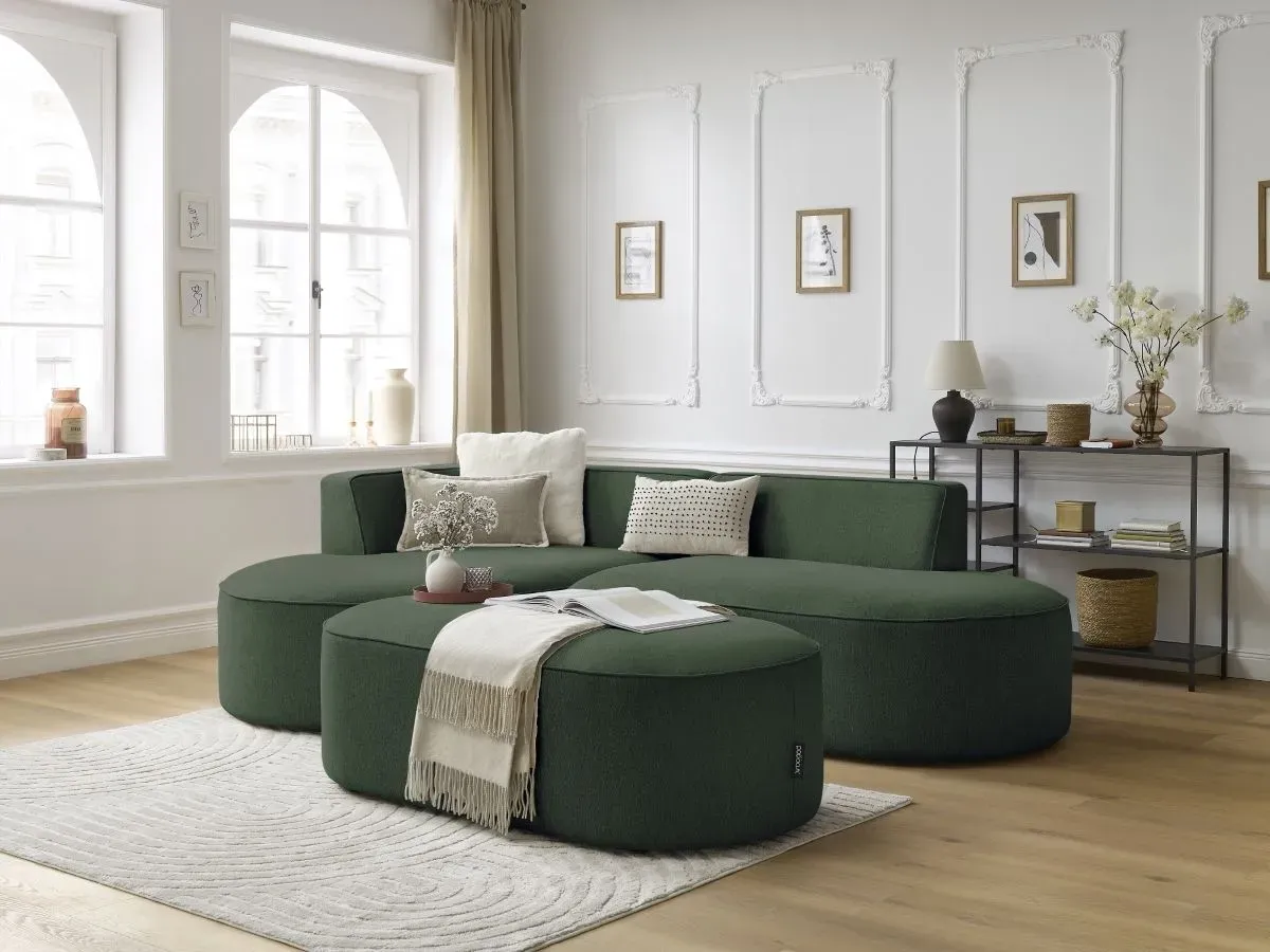 Canapé d'angle fixe ROUSSEAU tissu chiné avec pouf vert  angle gauche BOBOCHIC 5 places
