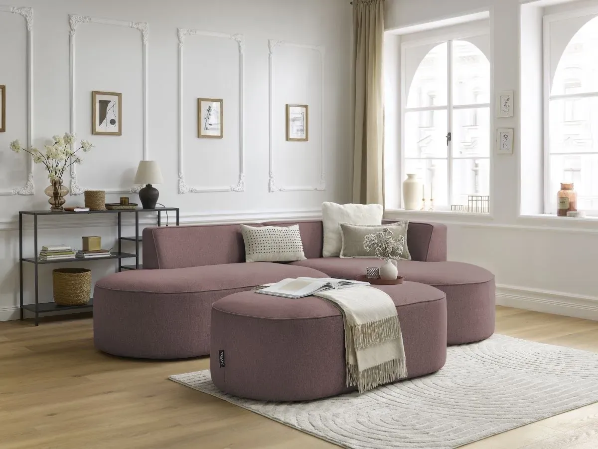 Canapé d'angle fixe ROUSSEAU tissu chiné avec pouf rose  angle droit BOBOCHIC 5 places