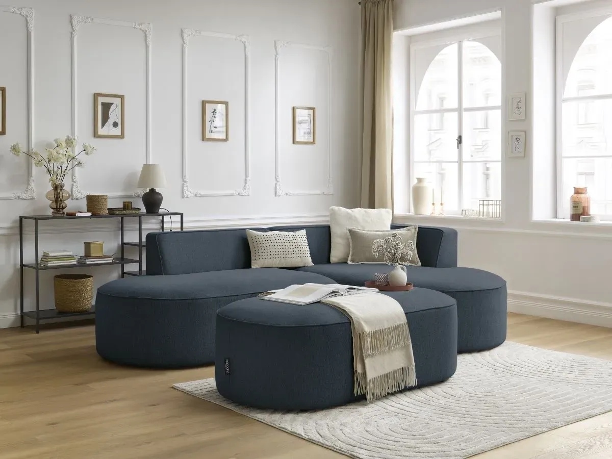 Canapé d'angle fixe ROUSSEAU tissu chiné avec pouf bleu foncé  angle droit BOBOCHIC 5 places