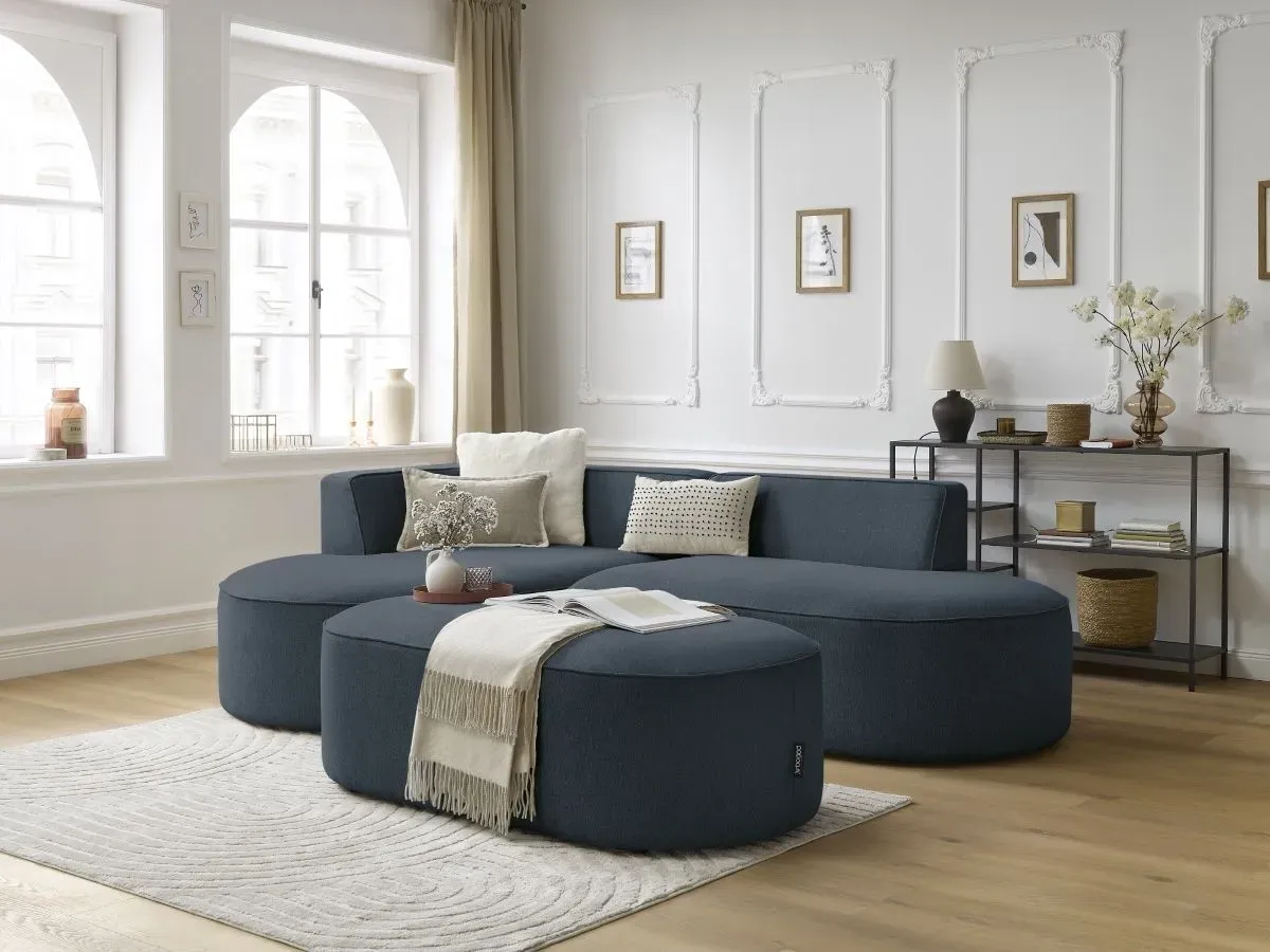 Canapé d'angle fixe ROUSSEAU tissu chiné avec pouf bleu foncé  angle gauche BOBOCHIC 5 places