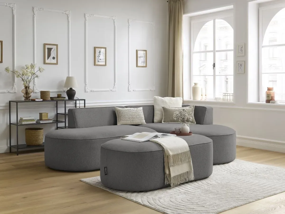 Canapé d'angle fixe ROUSSEAU tissu chiné avec pouf gris foncé  angle droit BOBOCHIC 5 places