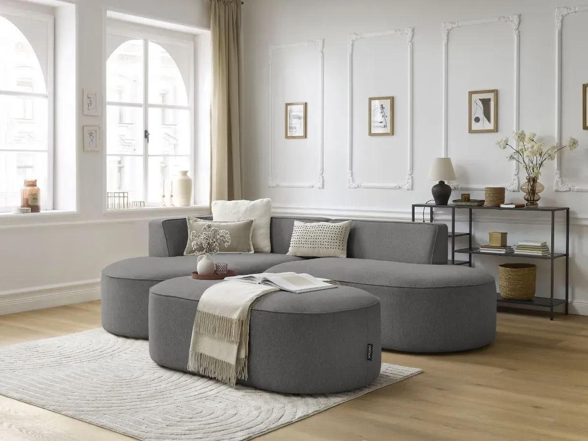 Canapé d'angle fixe ROUSSEAU tissu chiné avec pouf gris foncé  angle gauche BOBOCHIC 5 places