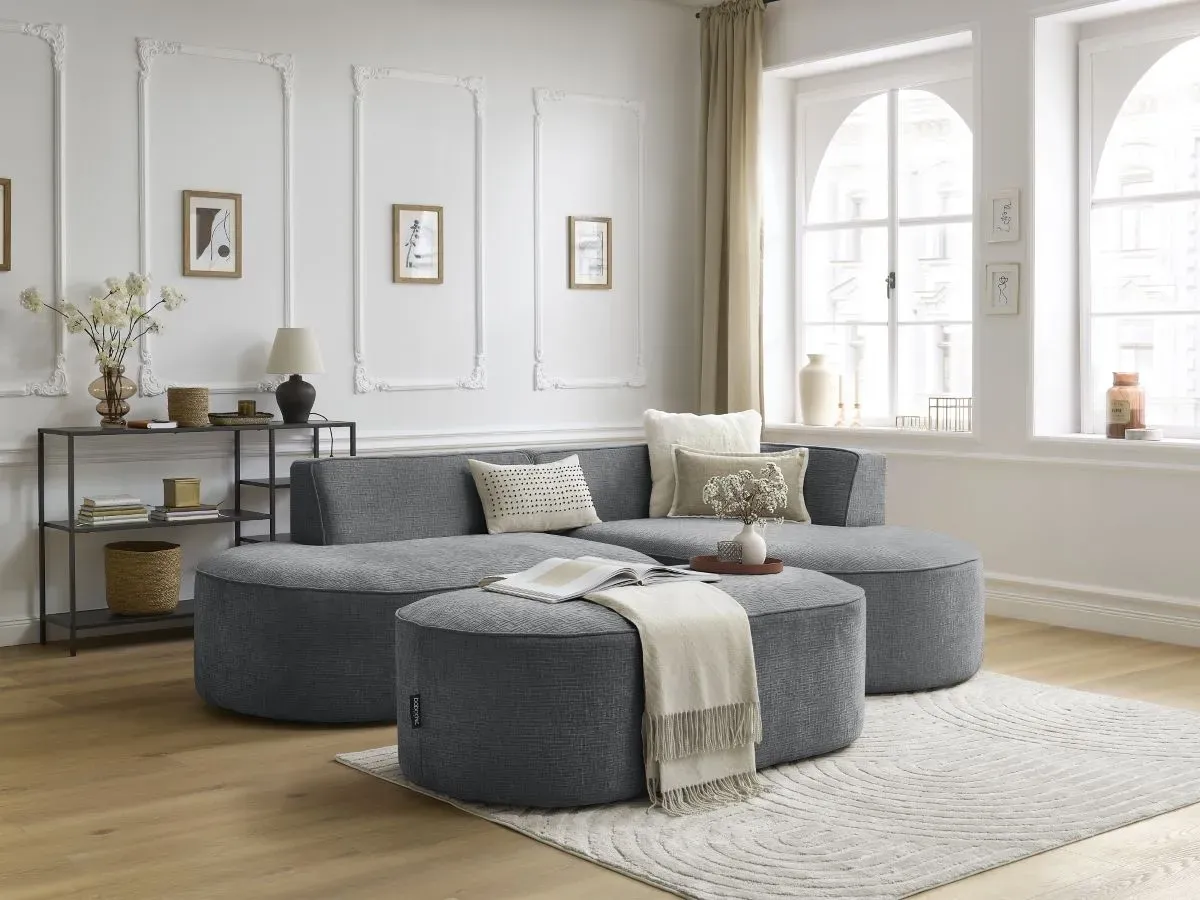 Canapé d'angle fixe ROUSSEAU tissu texturé avec pouf gris foncé  angle droit BOBOCHIC 5 places