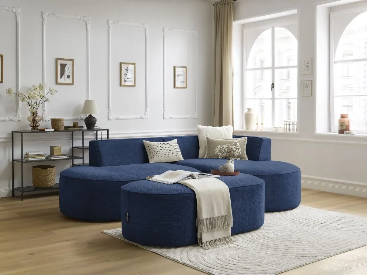 Canapé d'angle fixe ROUSSEAU tissu texturé avec pouf bleu foncé  angle droit BOBOCHIC 5 places
