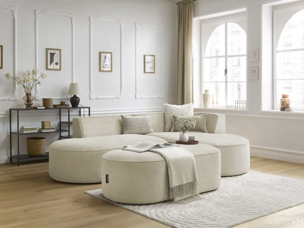 Canapé d'angle fixe ROUSSEAU velours côtelé avec pouf beige  angle droit BOBOCHIC 5 places