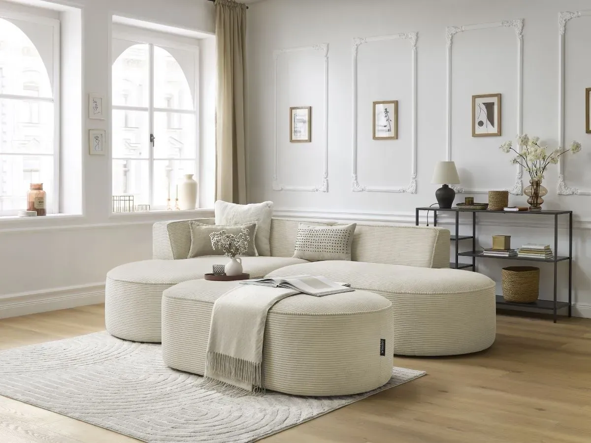 Canapé d'angle fixe ROUSSEAU velours côtelé avec pouf beige  angle gauche BOBOCHIC 5 places