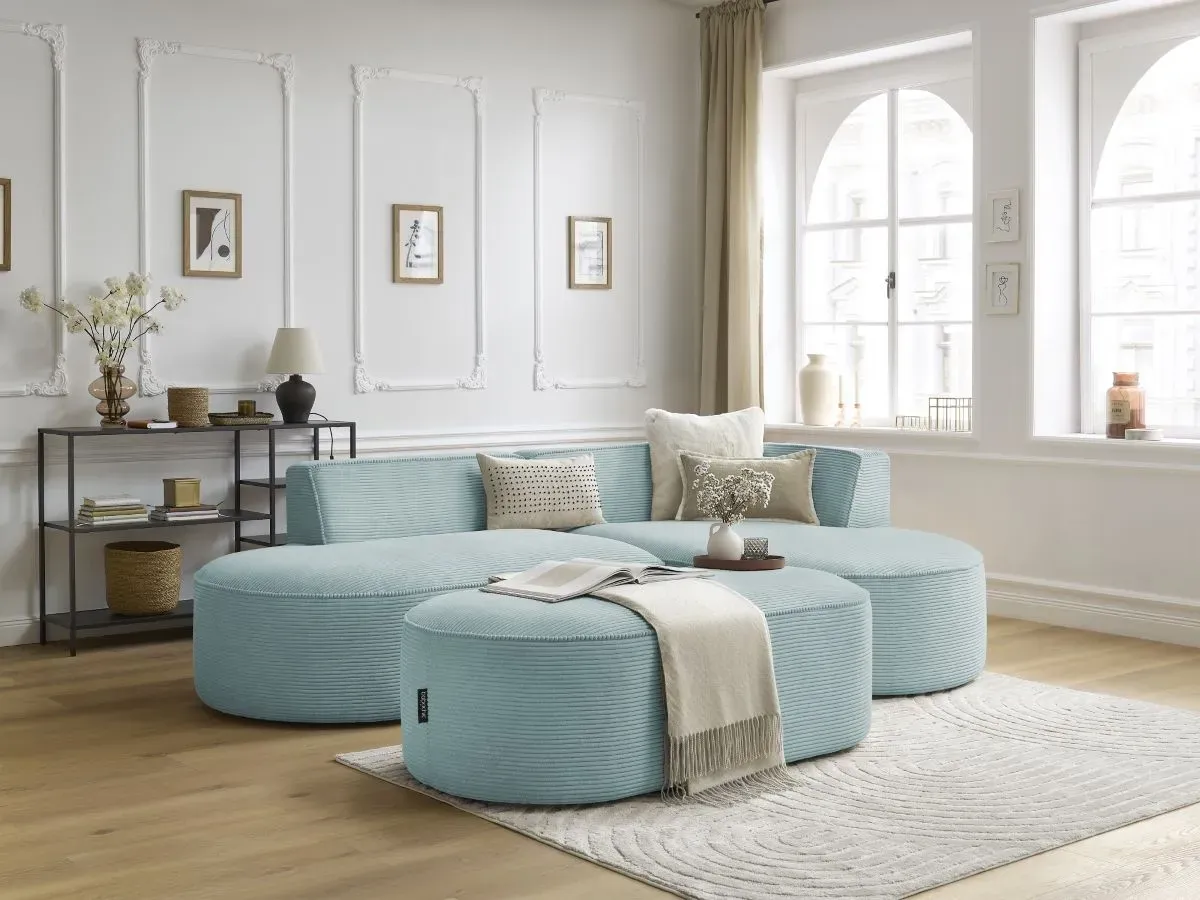 Canapé d'angle fixe ROUSSEAU velours côtelé avec pouf bleu clair  angle droit BOBOCHIC 5 places