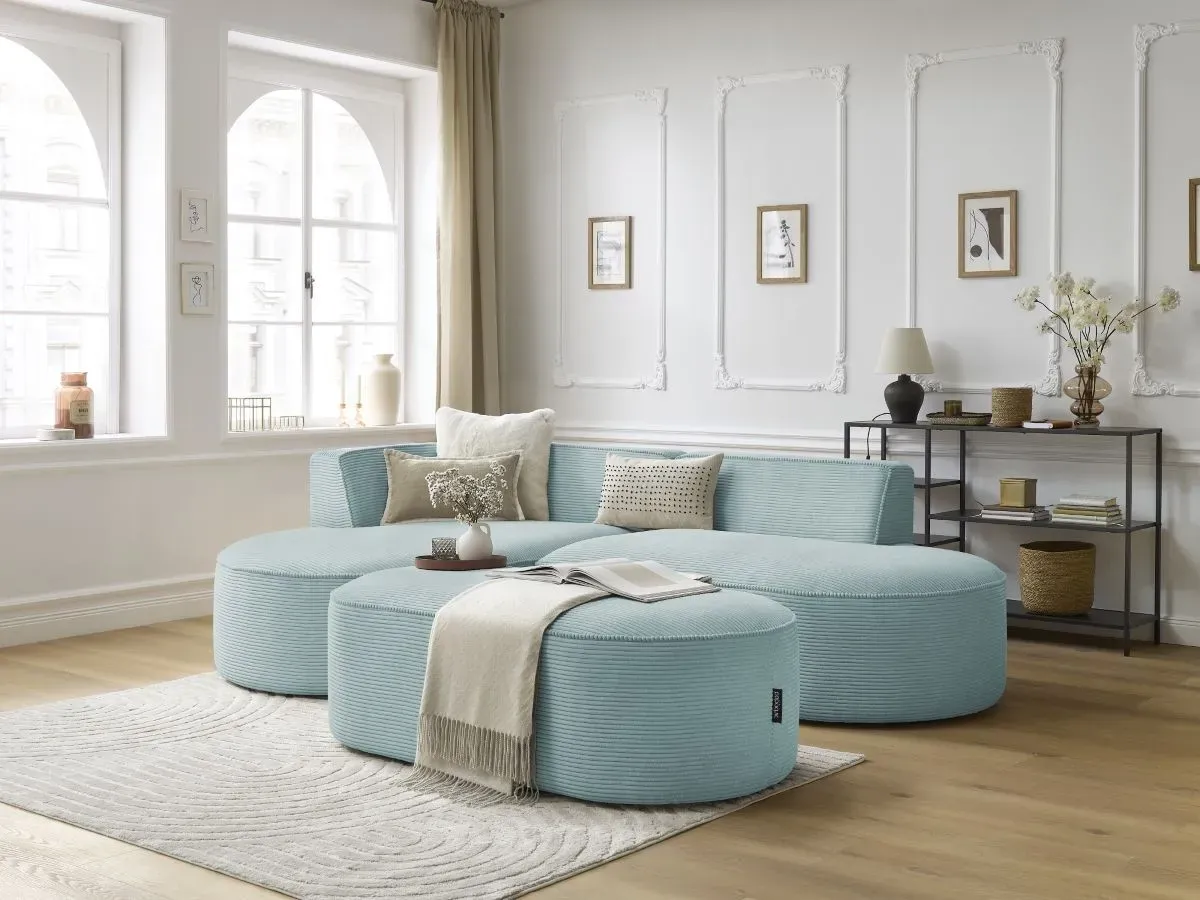 Canapé d'angle fixe ROUSSEAU velours côtelé avec pouf bleu clair  angle gauche BOBOCHIC 5 places