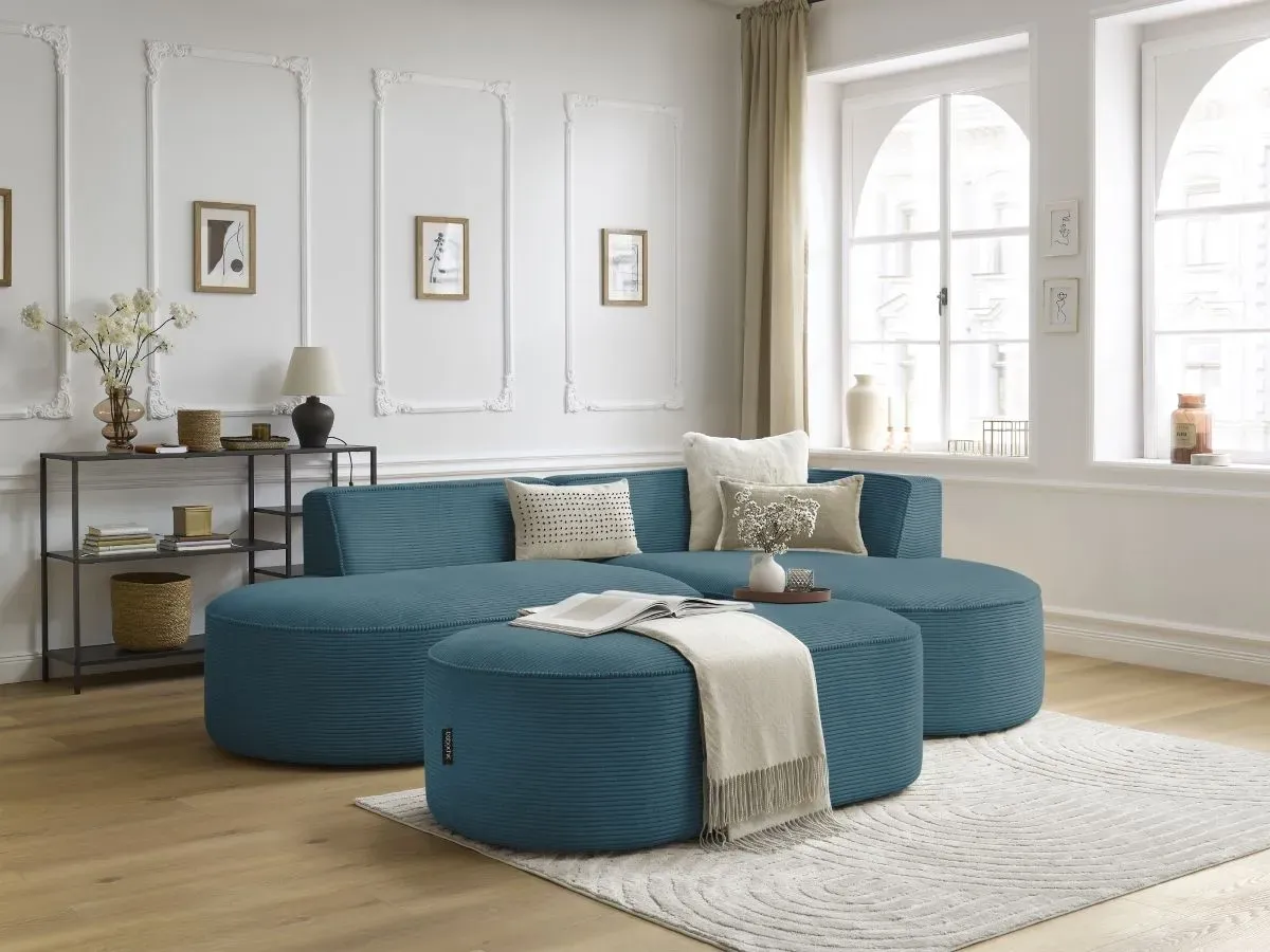 Canapé d'angle fixe ROUSSEAU velours côtelé avec pouf bleu foncé  angle droit BOBOCHIC 5 places