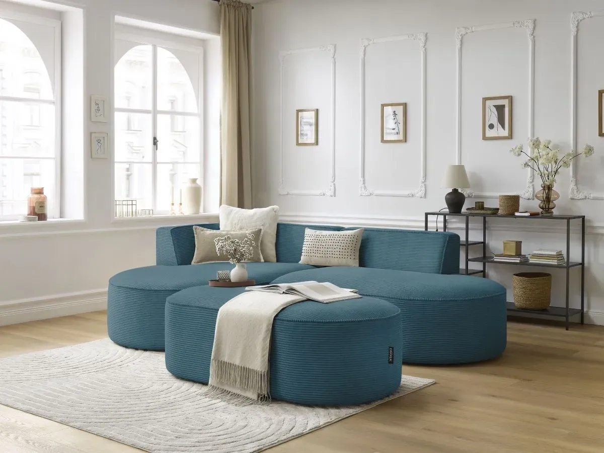 Canapé d'angle fixe ROUSSEAU velours côtelé avec pouf bleu foncé  angle gauche BOBOCHIC 5 places