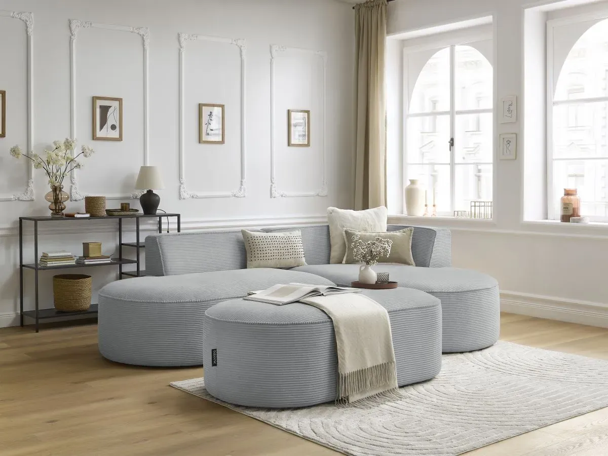 Canapé d'angle fixe ROUSSEAU velours côtelé avec pouf gris clair  angle droit BOBOCHIC 5 places