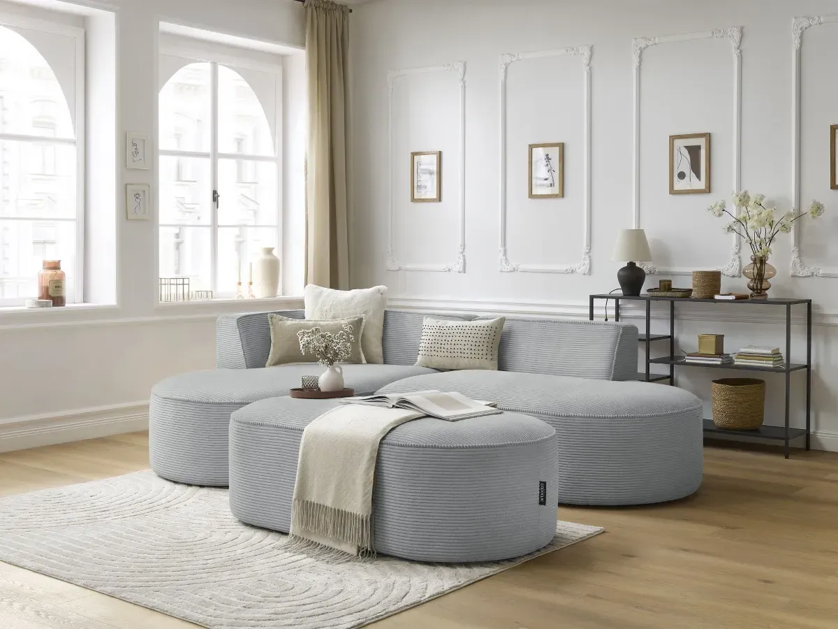 Canapé d'angle fixe ROUSSEAU velours côtelé avec pouf gris clair  angle gauche BOBOCHIC 5 places