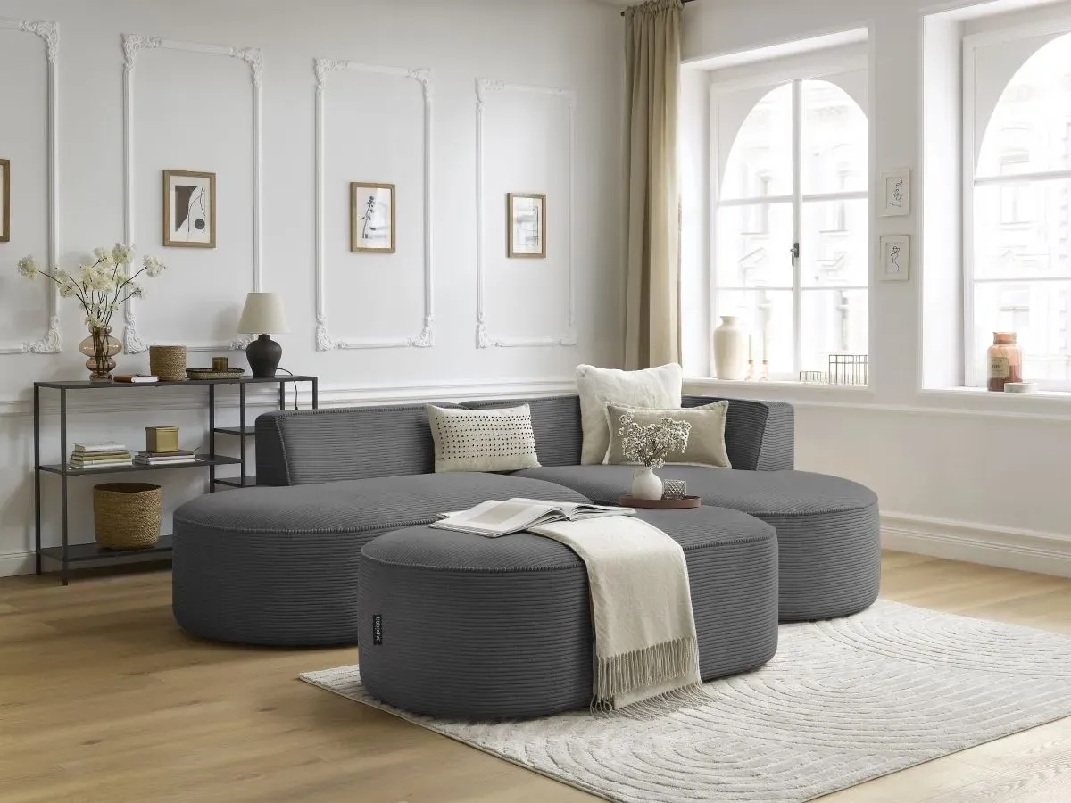 Canapé d'angle fixe ROUSSEAU velours côtelé avec pouf gris foncé  angle droit BOBOCHIC 5 places