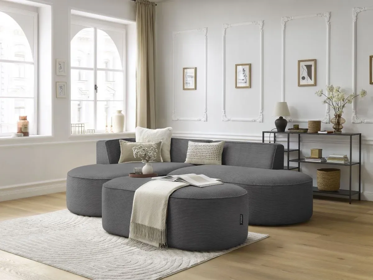 Canapé d'angle fixe ROUSSEAU velours côtelé avec pouf gris foncé  angle gauche BOBOCHIC 5 places