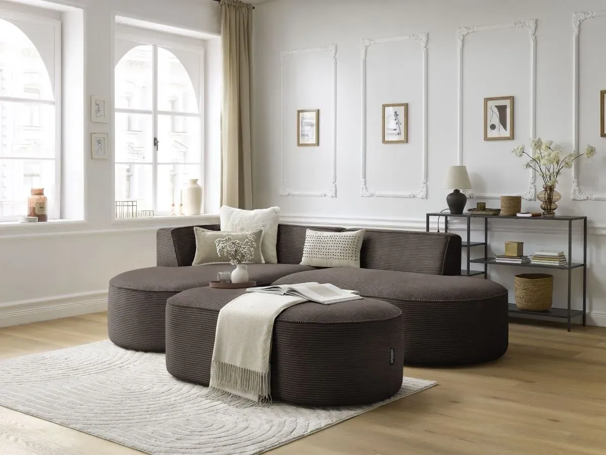 Canapé d'angle fixe ROUSSEAU velours côtelé avec pouf marron  angle gauche BOBOCHIC 5 places