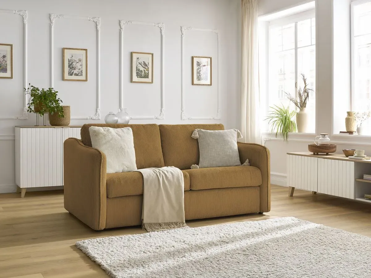 Canapé droit convertible LENNY ouverture express 2 plis velours côtelé jaune   BOBOCHIC 3 places