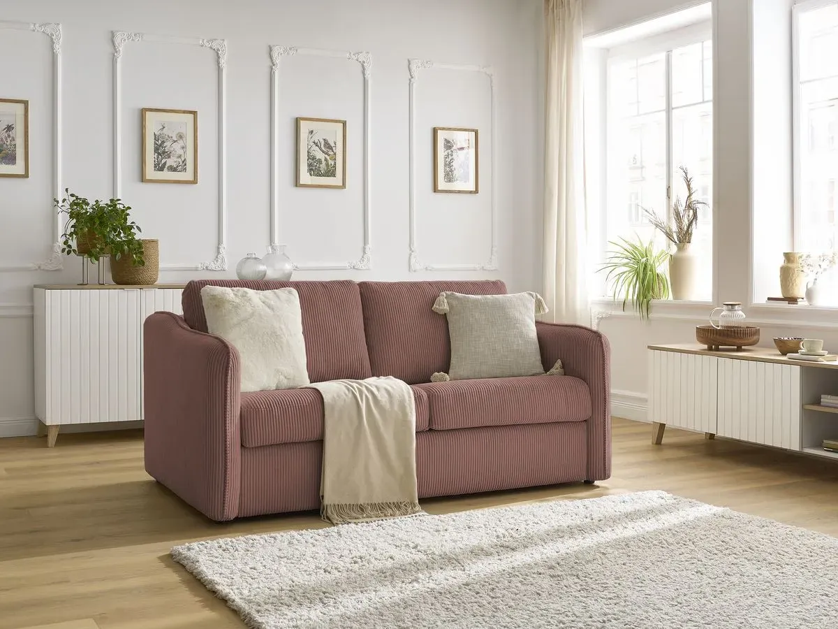 Canapé droit convertible LENNY ouverture express 2 plis velours côtelé rose   BOBOCHIC 3 places