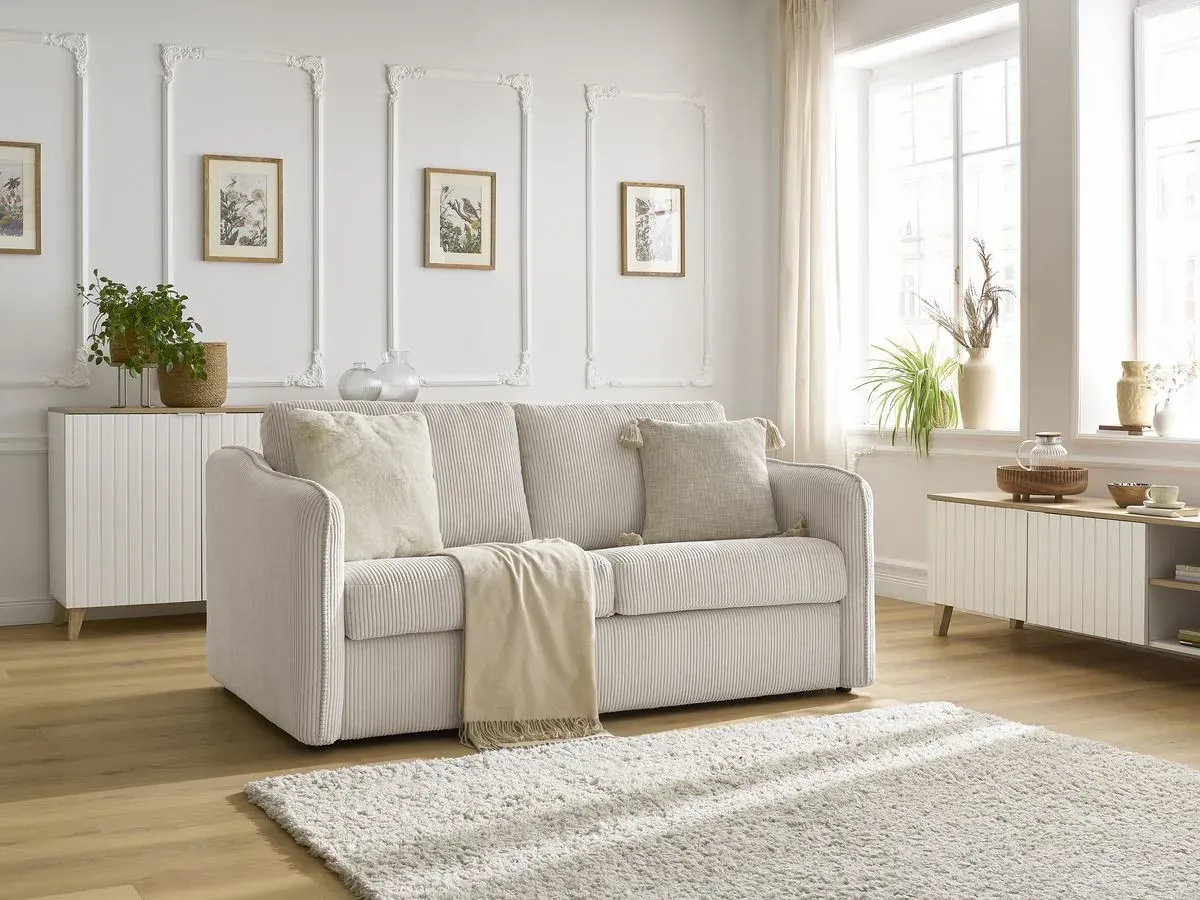 Canapé droit convertible LENNY ouverture express 2 plis velours côtelé beige   BOBOCHIC 3 places