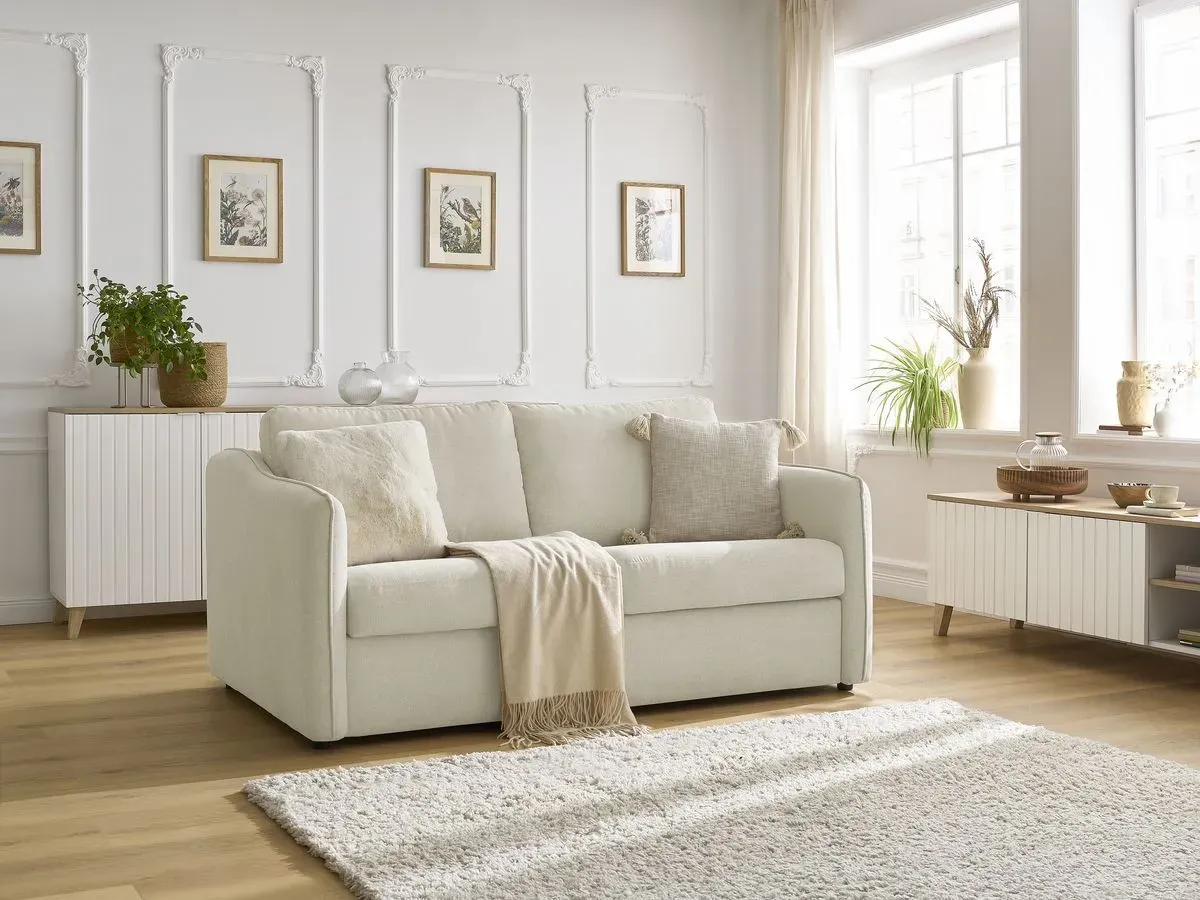 Canapé droit convertible LENNY ouverture express 2 plis tissu lisse beige   BOBOCHIC 3 places