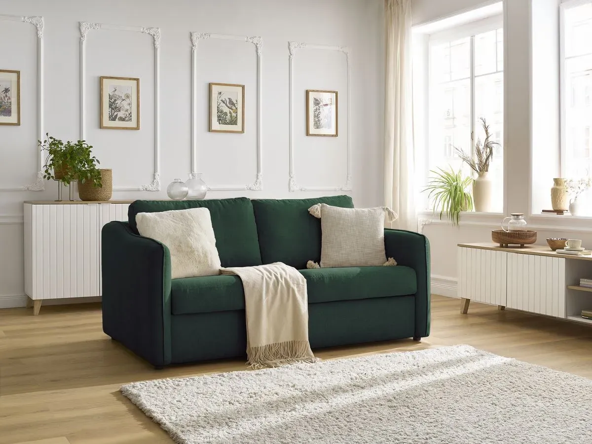 Canapé droit convertible LENNY ouverture express 2 plis tissu lisse vert   BOBOCHIC 3 places