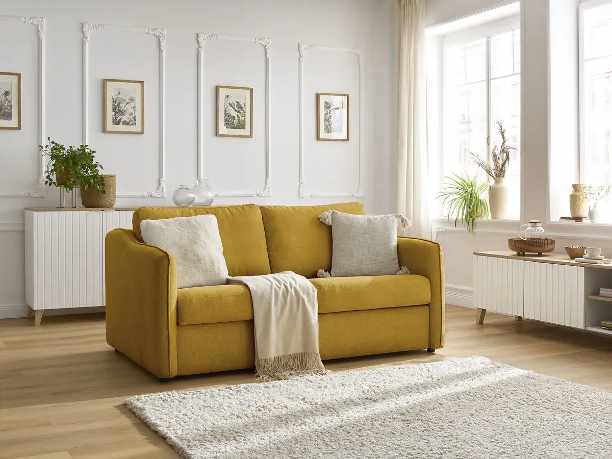 Canapé droit convertible LENNY ouverture express 2 plis tissu lisse jaune   BOBOCHIC 3 places