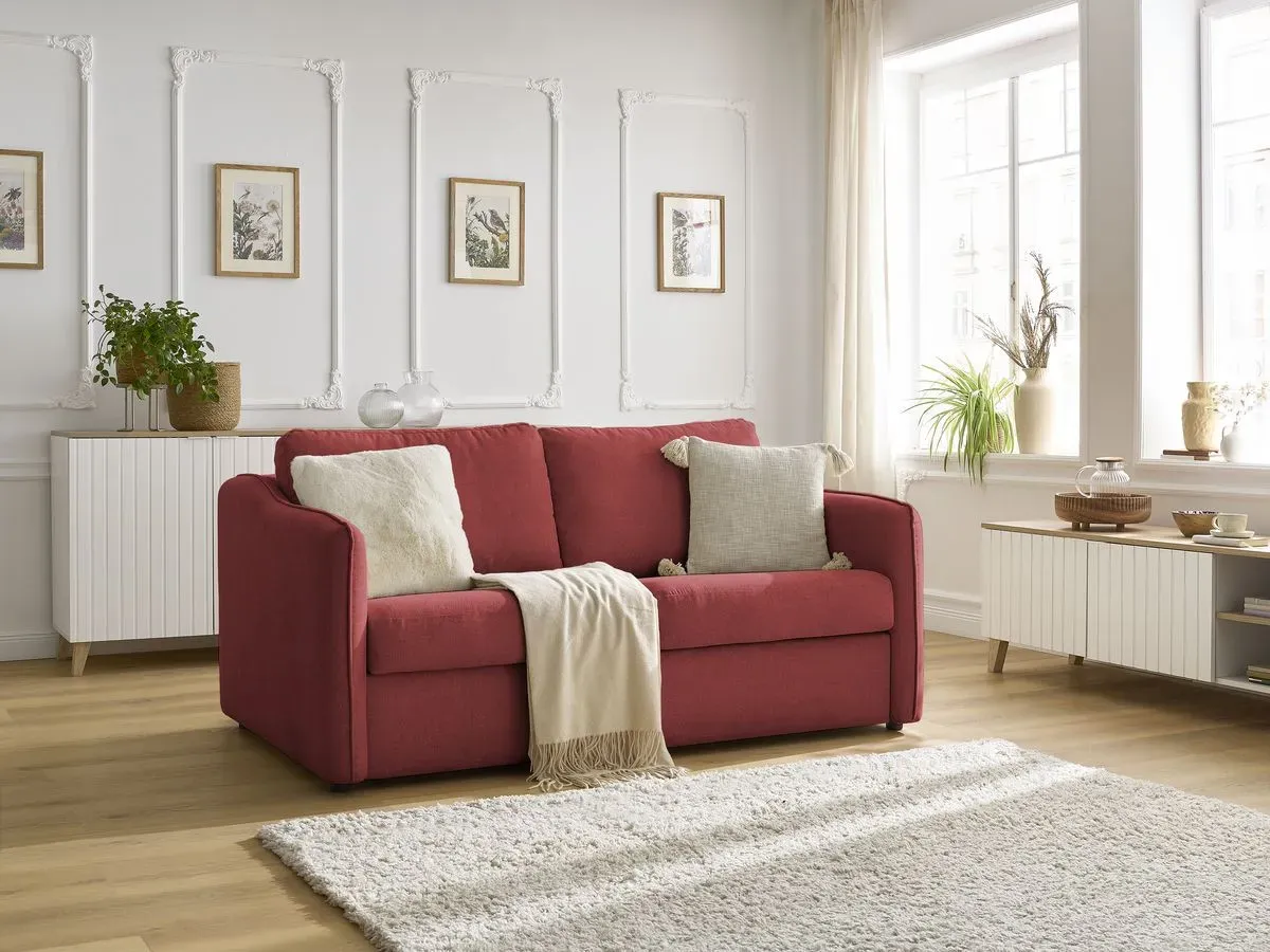 Canapé droit convertible LENNY ouverture express 2 plis tissu lisse rouge   BOBOCHIC 3 places