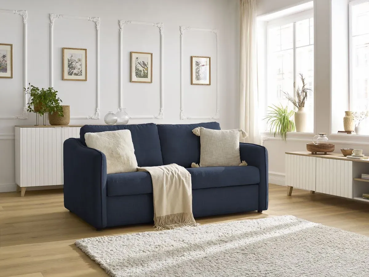 Canapé droit convertible LENNY ouverture express 2 plis tissu lisse bleu foncé   BOBOCHIC 3 places
