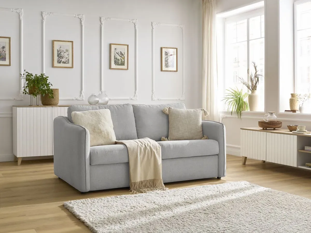 Canapé droit convertible LENNY ouverture express 2 plis tissu lisse gris clair   BOBOCHIC 3 places