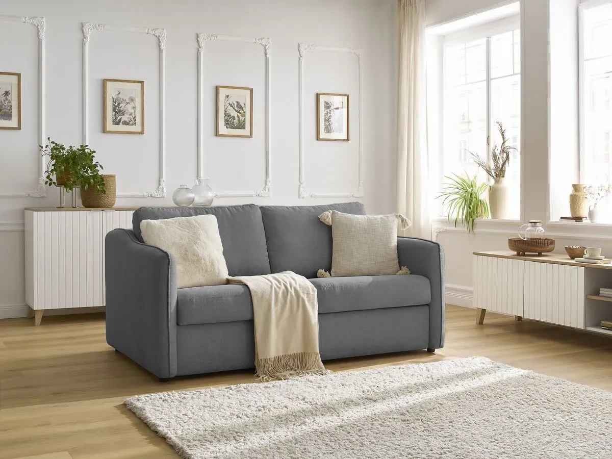 Canapé droit convertible LENNY ouverture express 2 plis tissu lisse gris foncé   BOBOCHIC 3 places